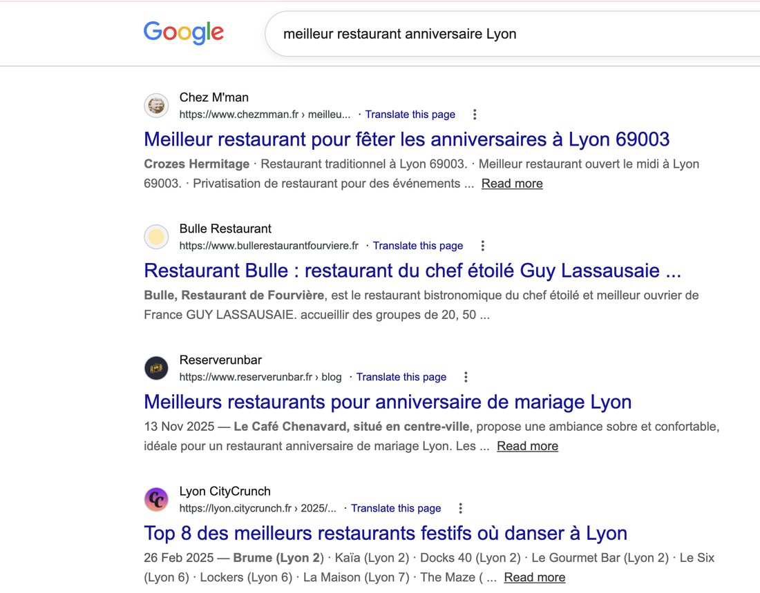 Résultats Google pour meilleur restaurant anniversaire Lyon